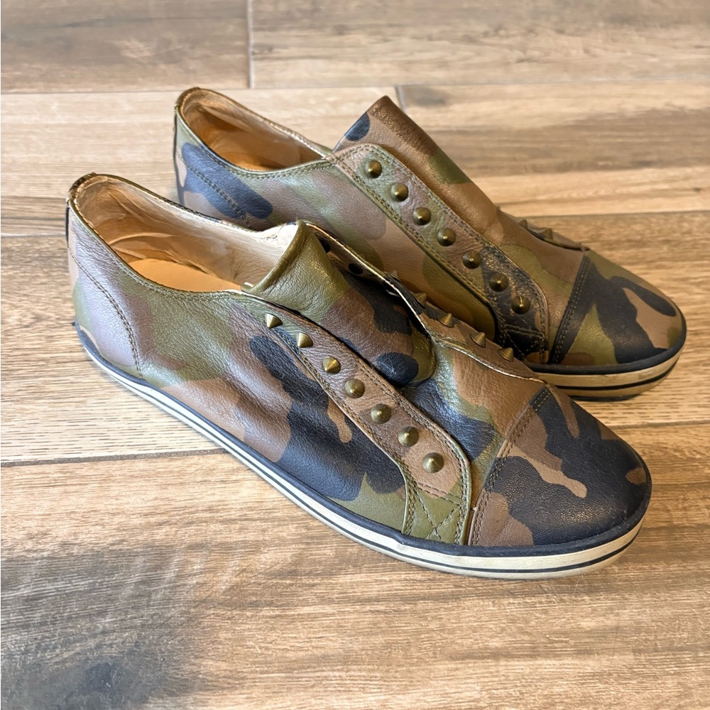 Women's UES Leather Camouflage Slip-On Studded Sneakers - camo
